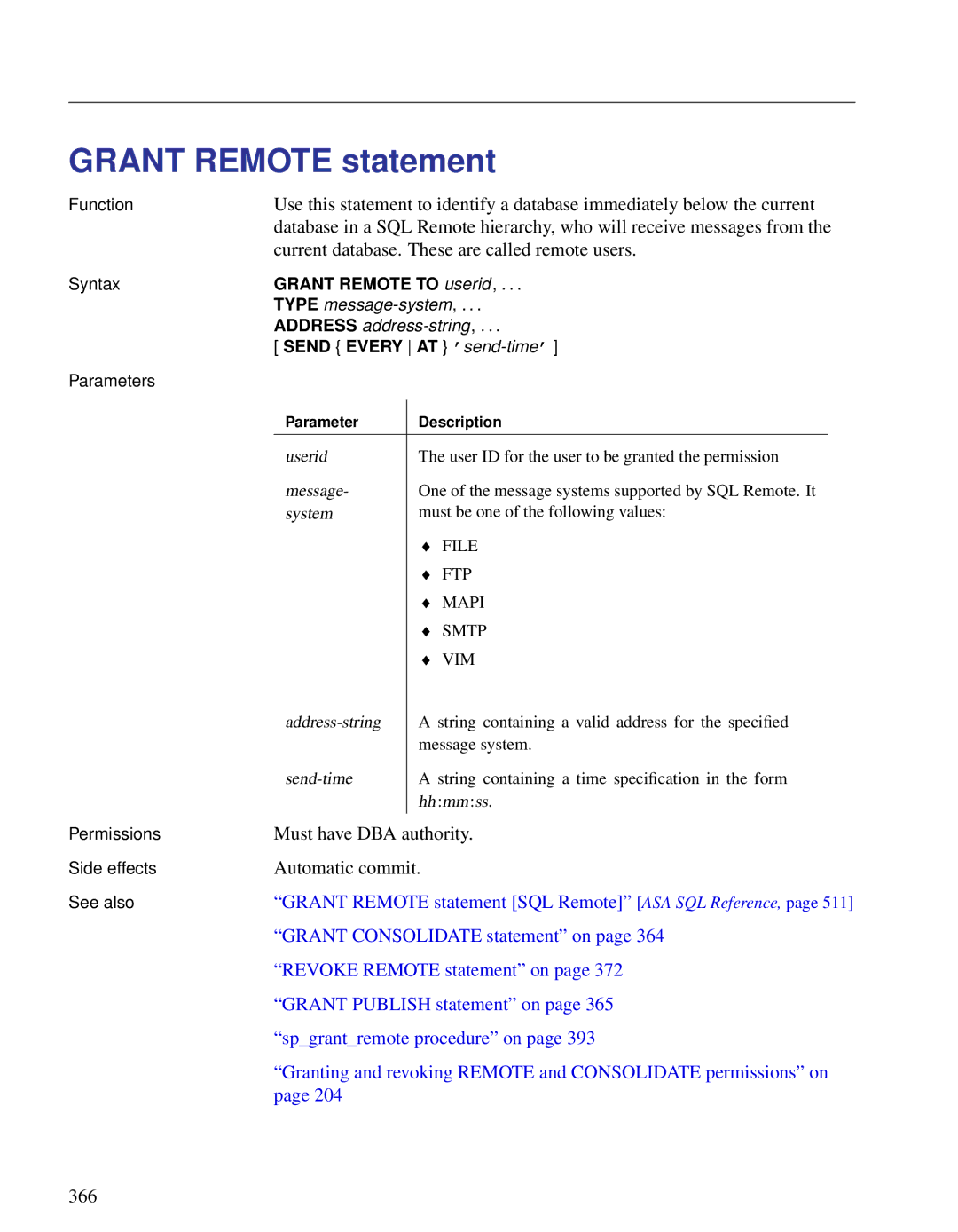 Sybase DC38133-01-0902-01 manual Grant Remote statement 