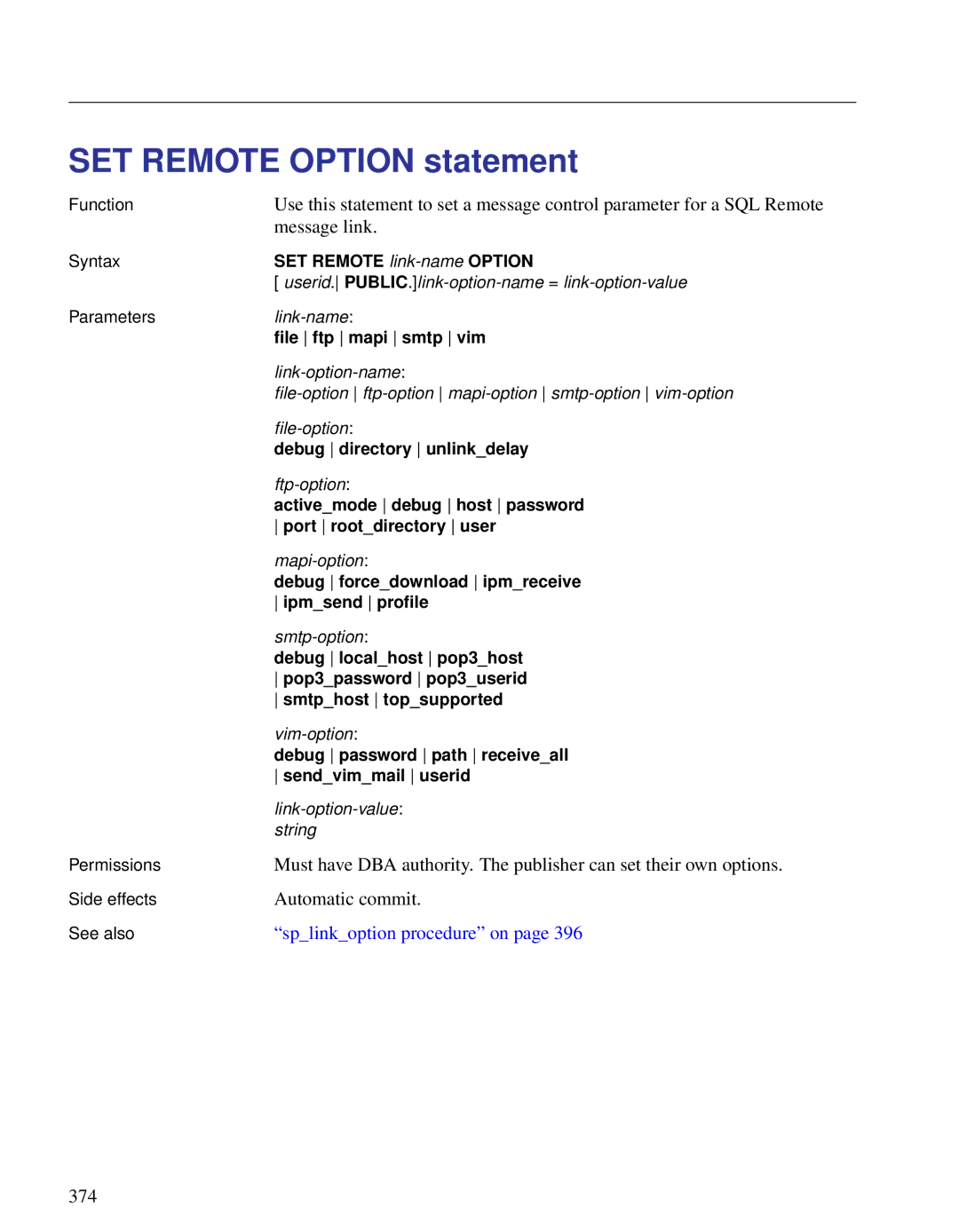 Sybase DC38133-01-0902-01 manual SET Remote Option statement, Message link, Splinkoption procedure on 