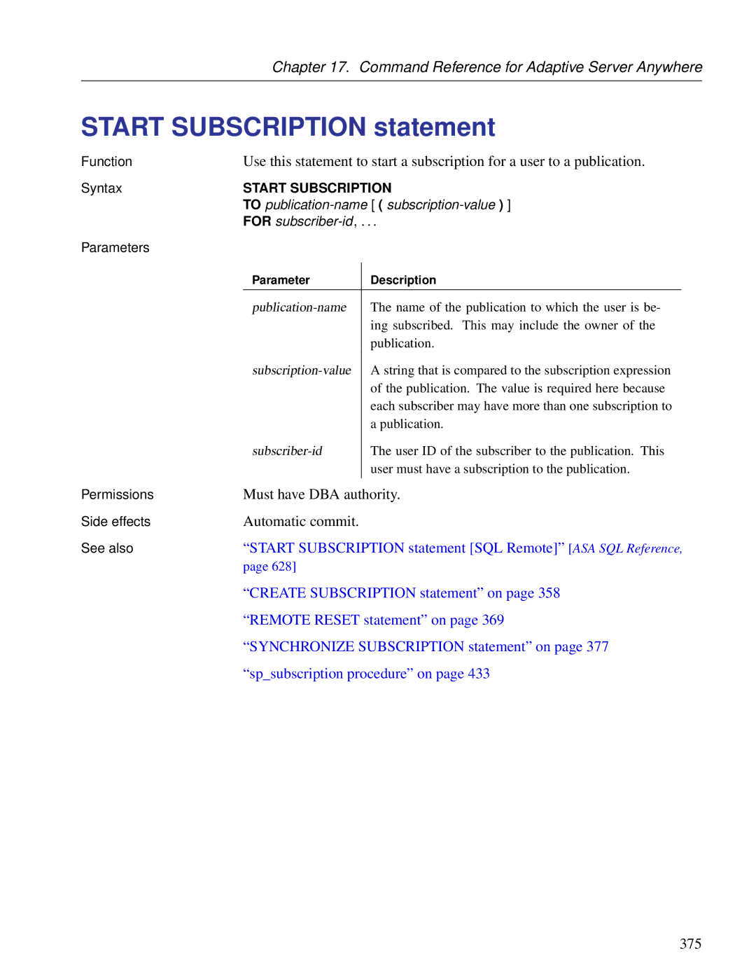 Sybase DC38133-01-0902-01 manual Start Subscription statement 