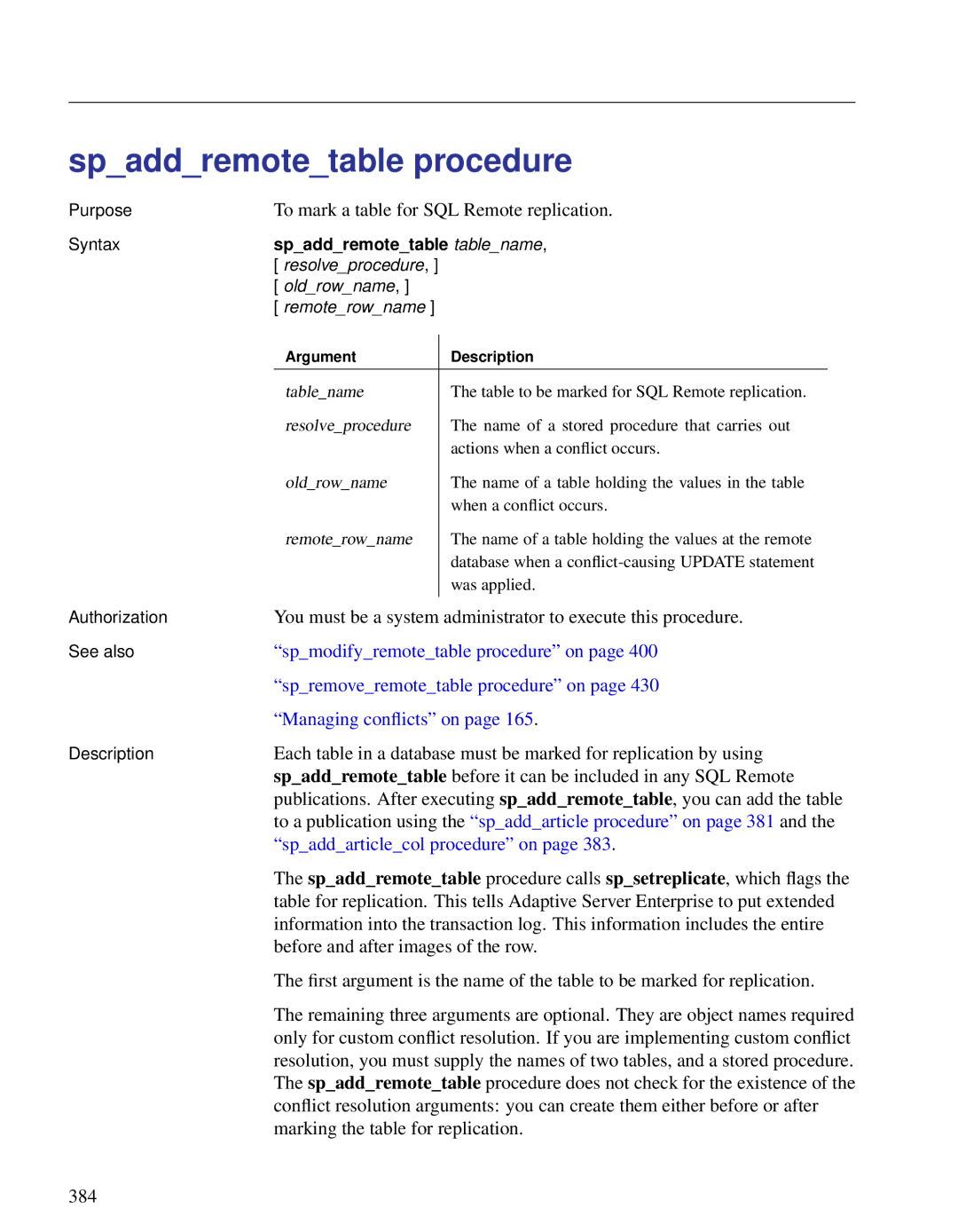 Sybase DC38133-01-0902-01 manual Spaddremotetable procedure, To mark a table for SQL Remote replication 