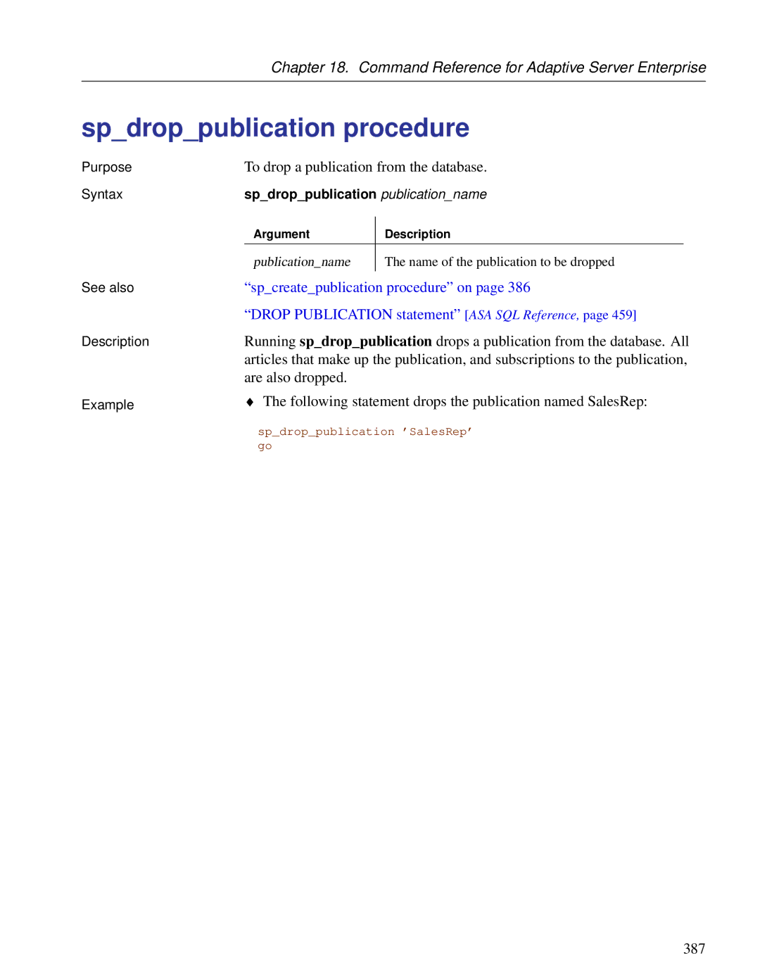 Sybase DC38133-01-0902-01 manual Spdroppublication procedure, To drop a publication from the database 