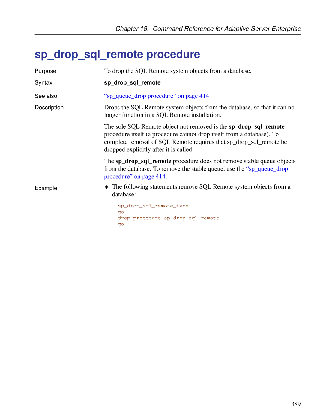 Sybase DC38133-01-0902-01 manual Spdropsqlremote procedure, Spqueuedrop procedure on, Procedure on 