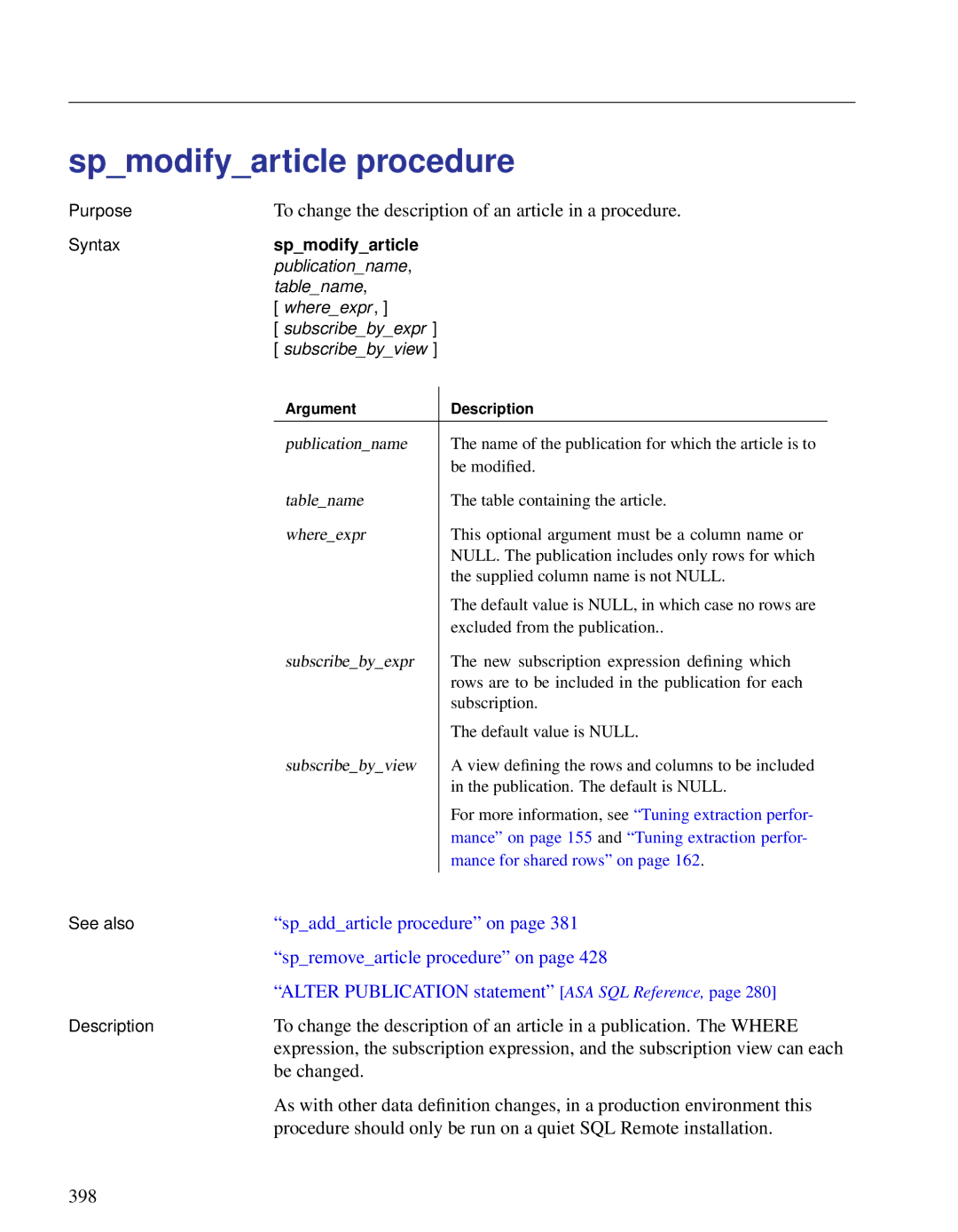 Sybase DC38133-01-0902-01 manual Spmodifyarticle procedure, To change the description of an article in a procedure 