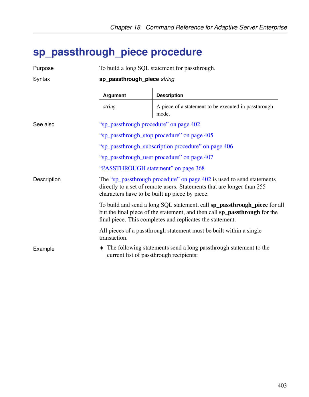 Sybase DC38133-01-0902-01 manual Sppassthroughpiece procedure, To build a long SQL statement for passthrough 