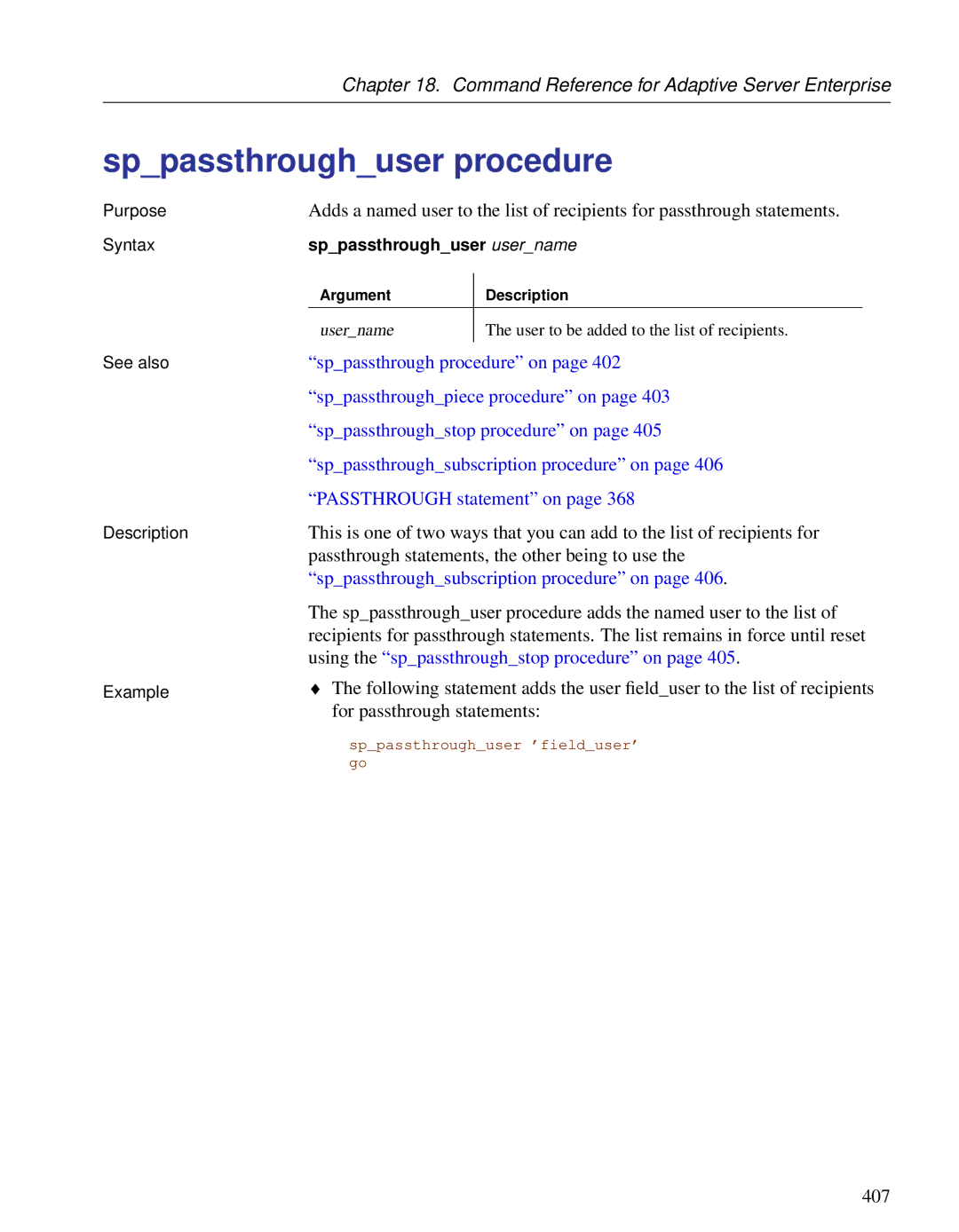 Sybase DC38133-01-0902-01 manual Sppassthroughuser procedure, Sppassthroughuser username 