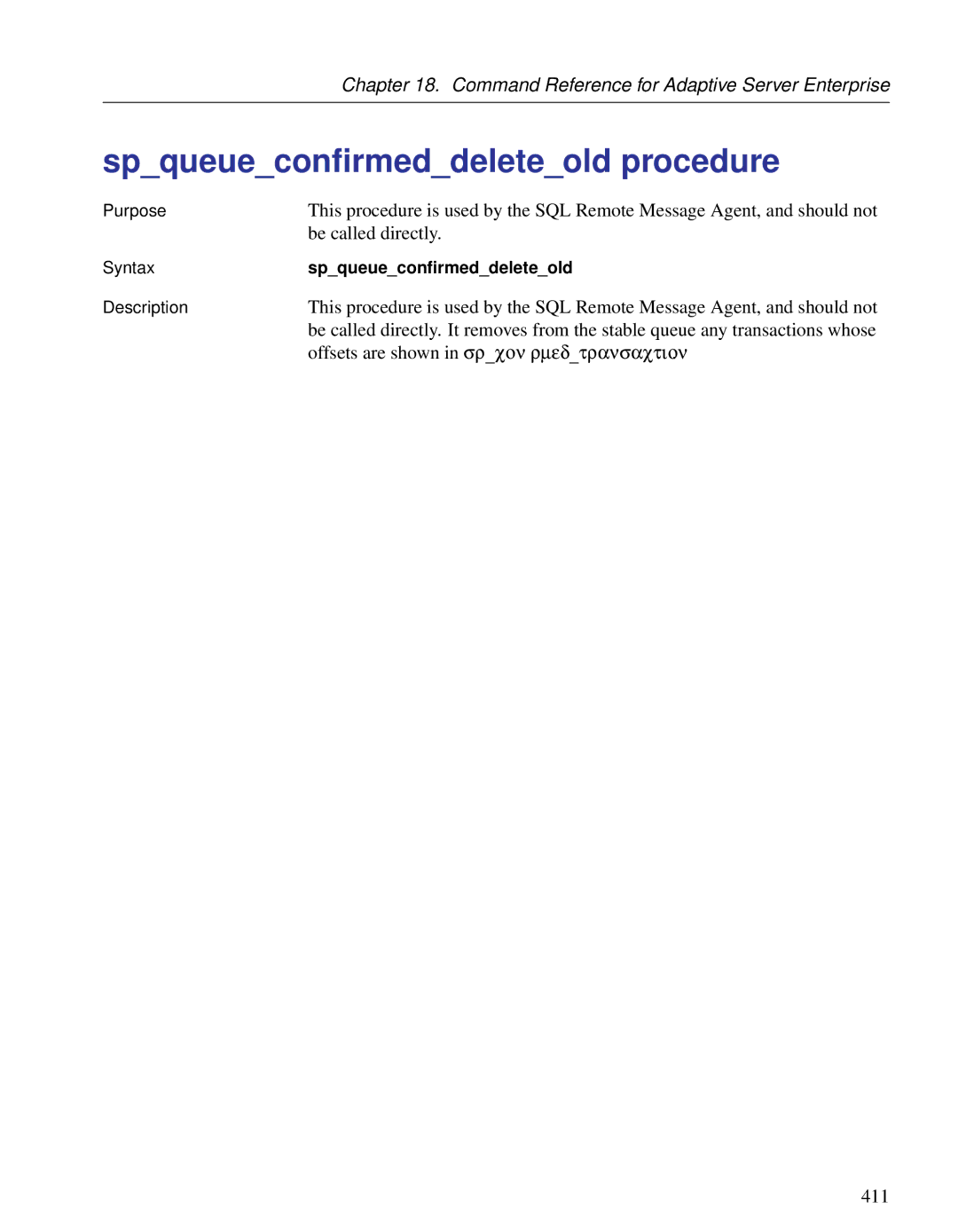 Sybase DC38133-01-0902-01 manual Spqueueconﬁrmeddeleteold procedure 