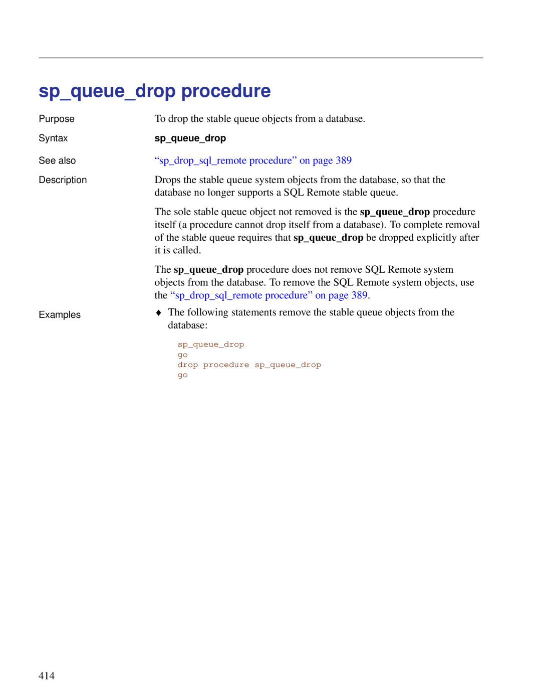 Sybase DC38133-01-0902-01 manual Spqueuedrop procedure, Spdropsqlremote procedure on 