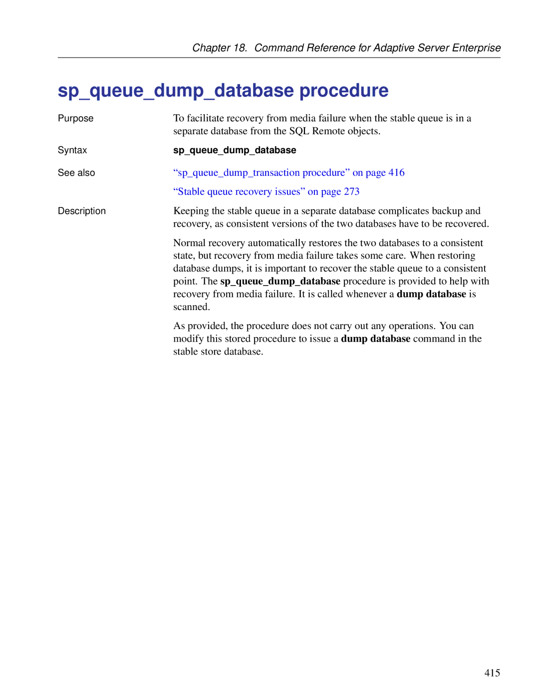 Sybase DC38133-01-0902-01 manual Spqueuedumpdatabase procedure, Spqueuedumptransaction procedure on 
