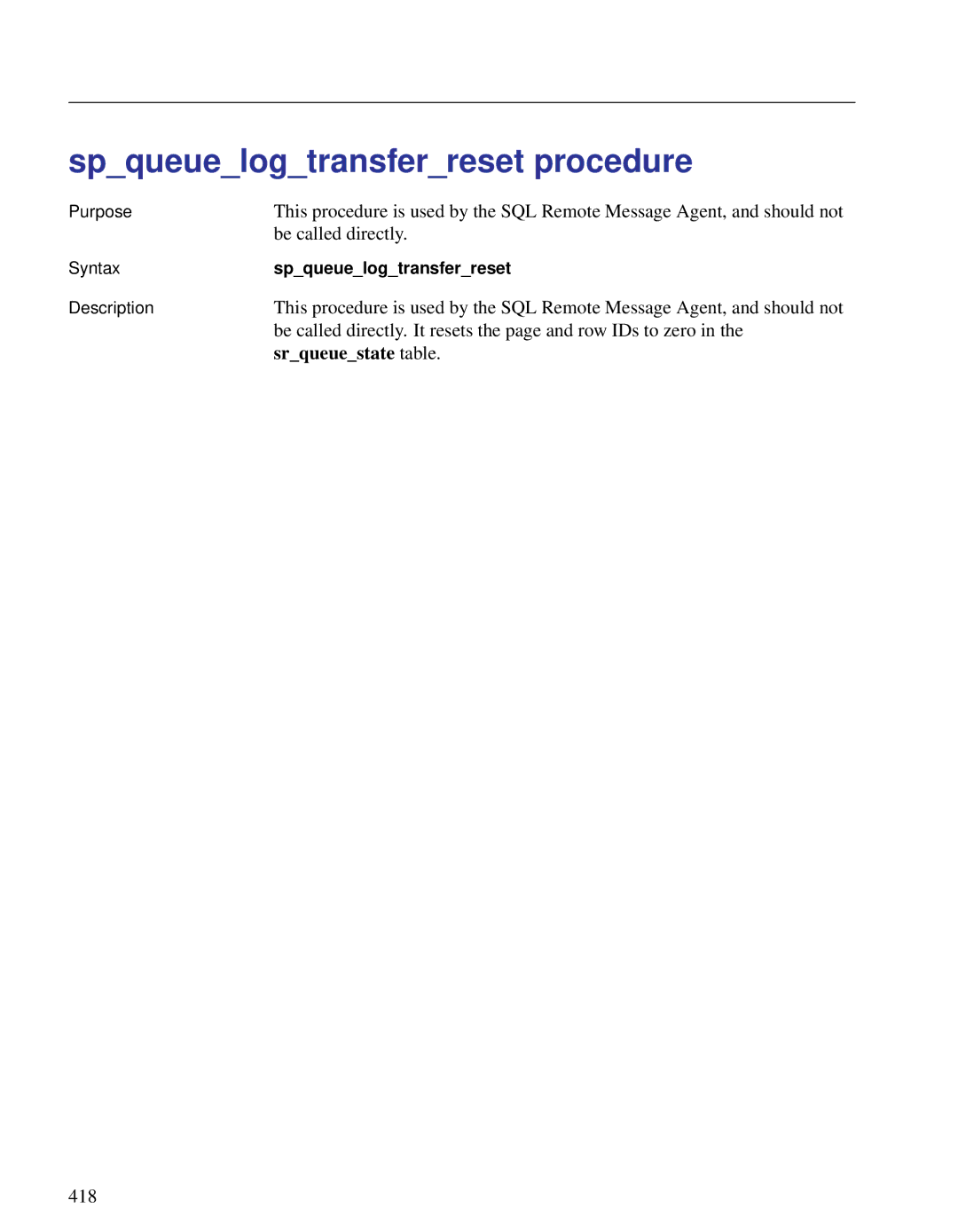 Sybase DC38133-01-0902-01 Spqueuelogtransferreset procedure, Be called directly. It resets the page and row IDs to zero 