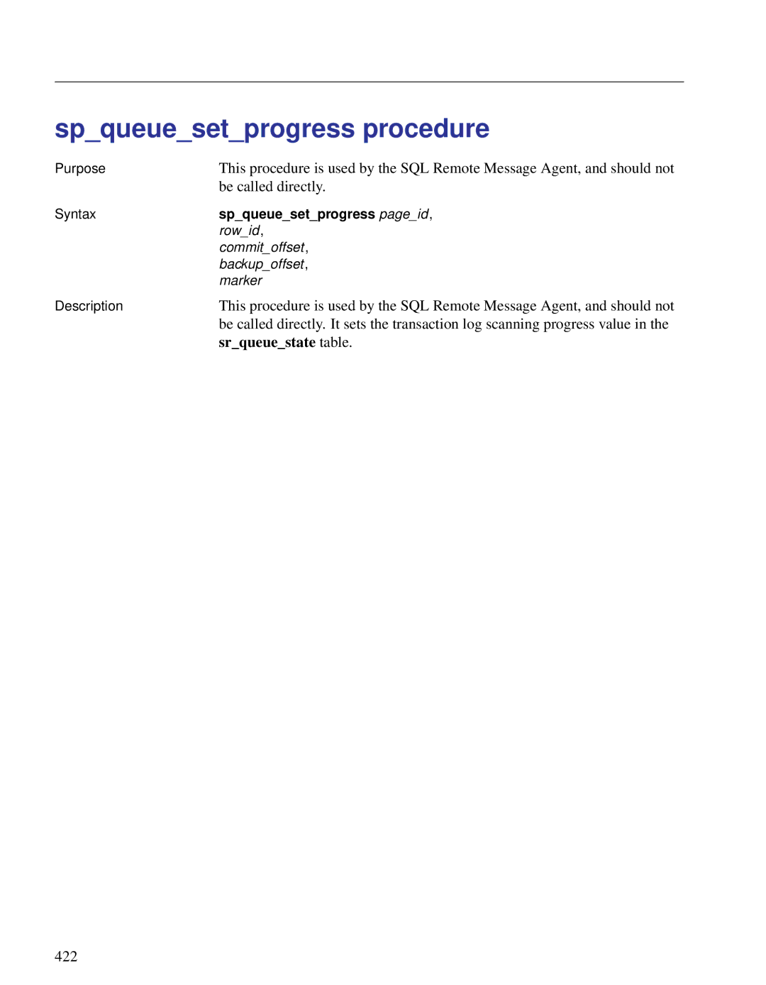 Sybase DC38133-01-0902-01 manual Spqueuesetprogress procedure, Spqueuesetprogress pageid 