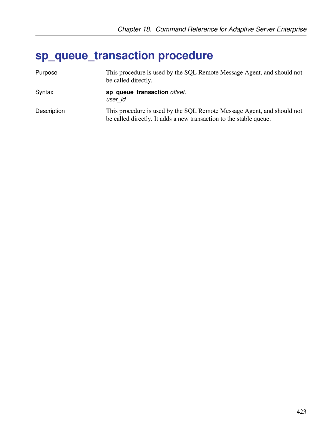 Sybase DC38133-01-0902-01 manual Spqueuetransaction procedure, Spqueuetransaction offset 