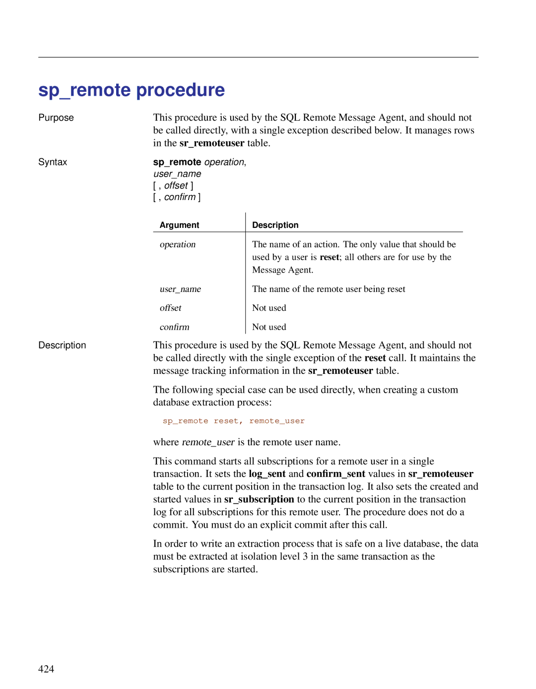 Sybase DC38133-01-0902-01 Spremote procedure, Message tracking information in the srremoteuser table, Spremote operation 