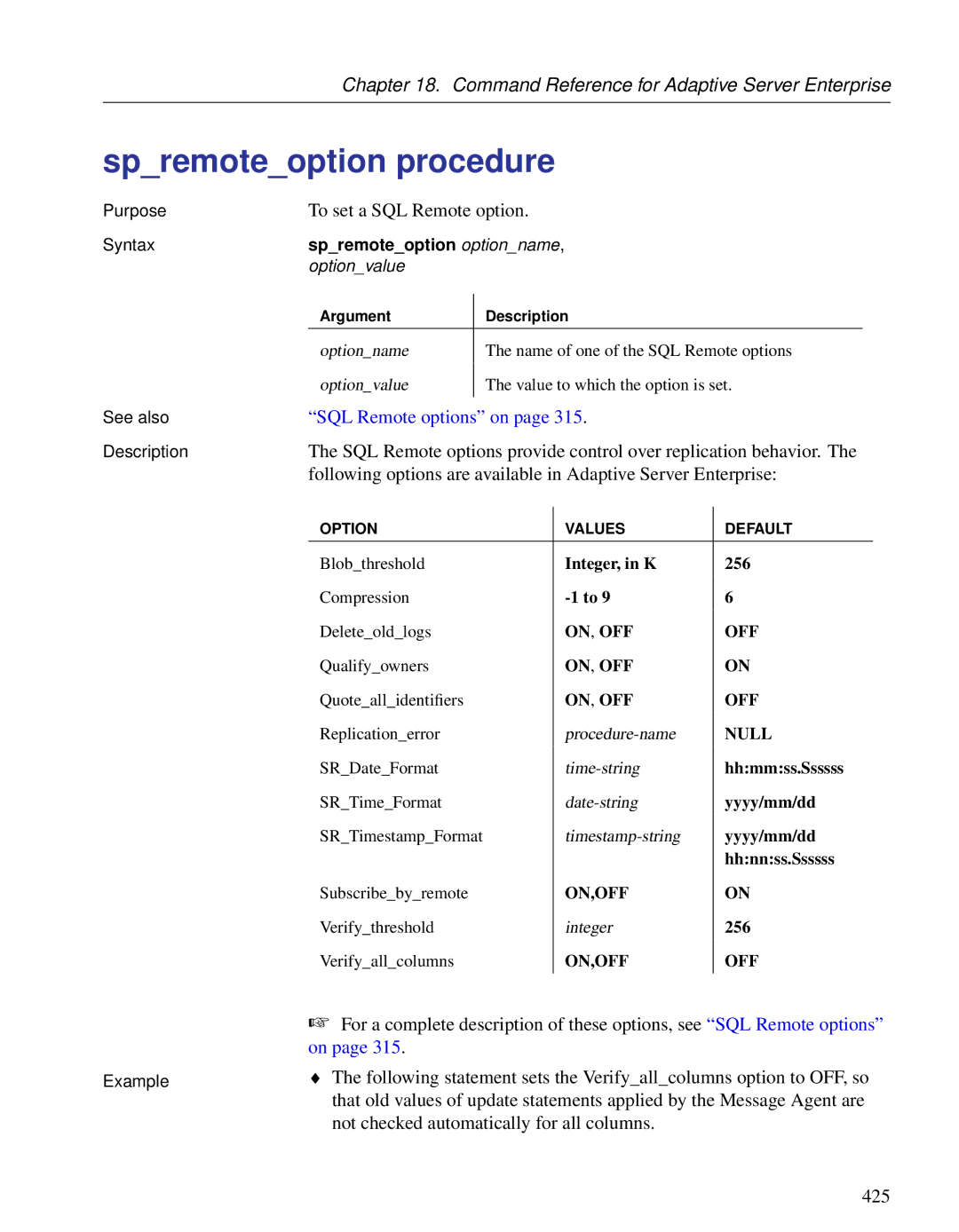 Sybase DC38133-01-0902-01 manual Spremoteoption procedure, To set a SQL Remote option 