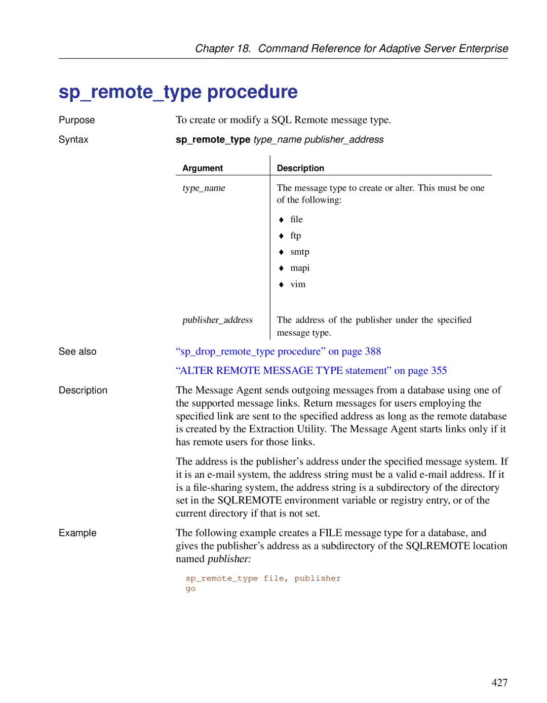 Sybase DC38133-01-0902-01 Spremotetype procedure, Spdropremotetype procedure on, Alter Remote Message Type statement on 