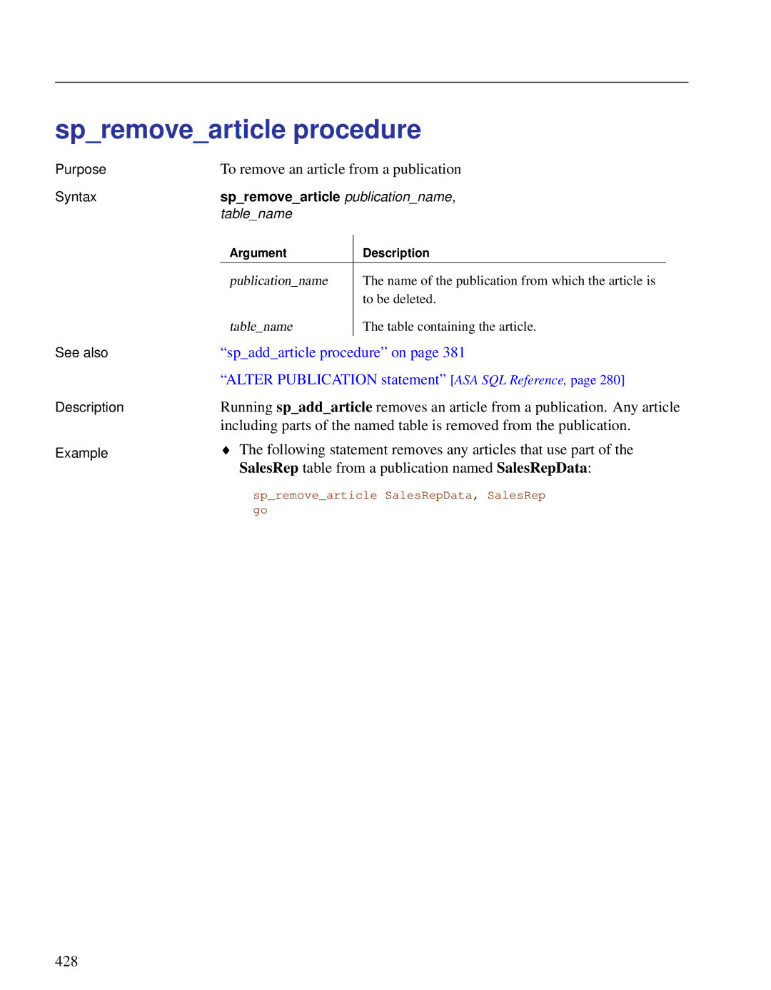 Sybase DC38133-01-0902-01 Spremovearticle procedure, To remove an article from a publication, Spaddarticle procedure on 