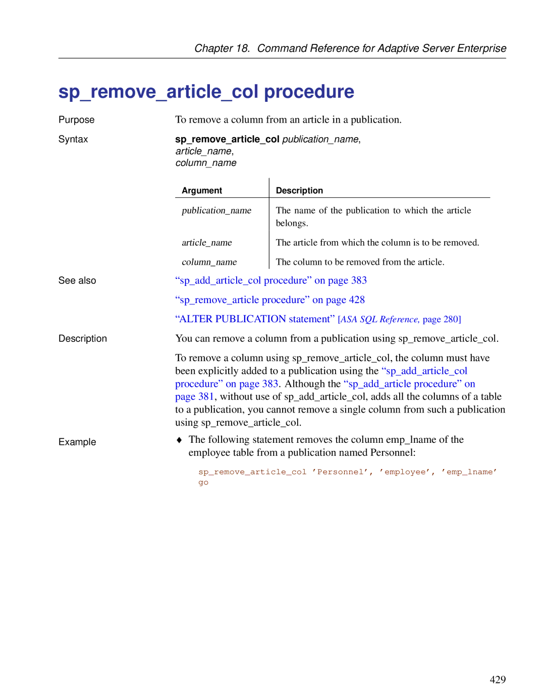 Sybase DC38133-01-0902-01 manual Spremovearticlecol procedure, To remove a column from an article in a publication 