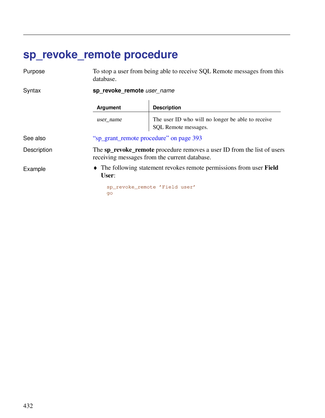 Sybase DC38133-01-0902-01 manual Sprevokeremote procedure, Sprevokeremote username 