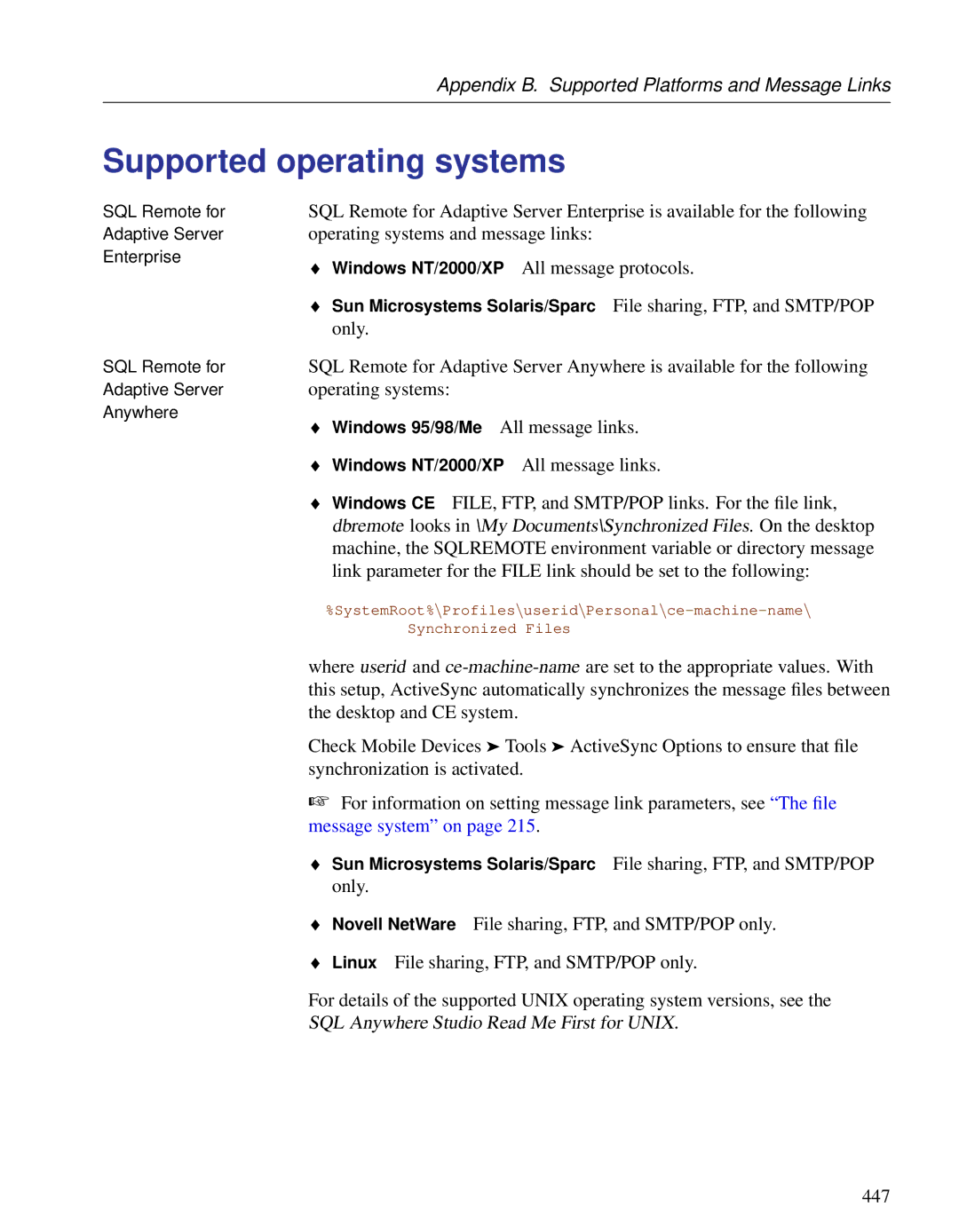 Sybase DC38133-01-0902-01 manual Supported operating systems, Windows NT/2000/XP All message links 