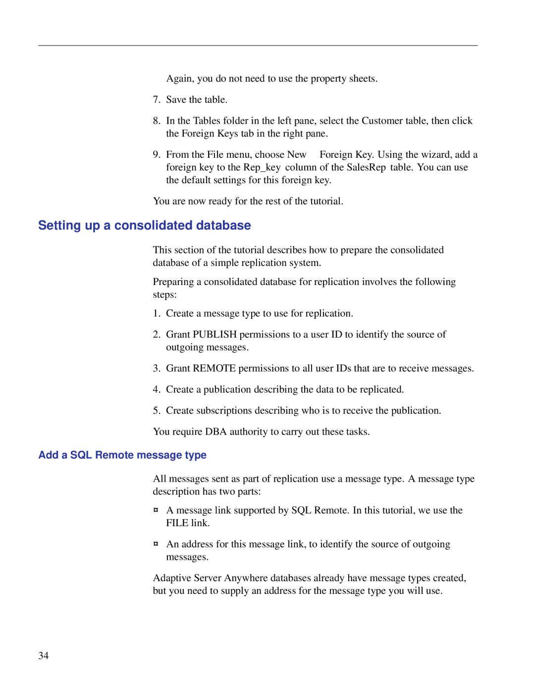 Sybase DC38133-01-0902-01 manual Setting up a consolidated database, Add a SQL Remote message type 