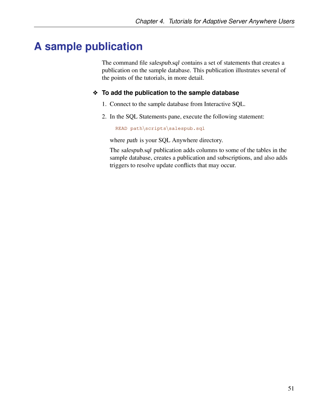 Sybase DC38133-01-0902-01 manual Sample publication, To add the publication to the sample database 