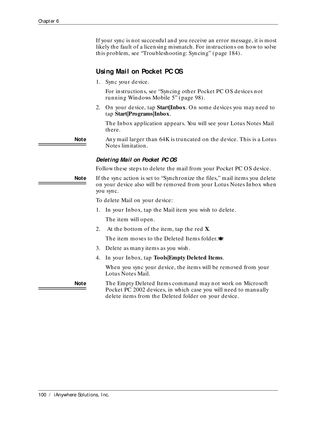 Sybase Desktop manual Using Mail on Pocket PC OS, Deleting Mail on Pocket PC OS, Your Inbox, tap ToolsEmpty Deleted Items 