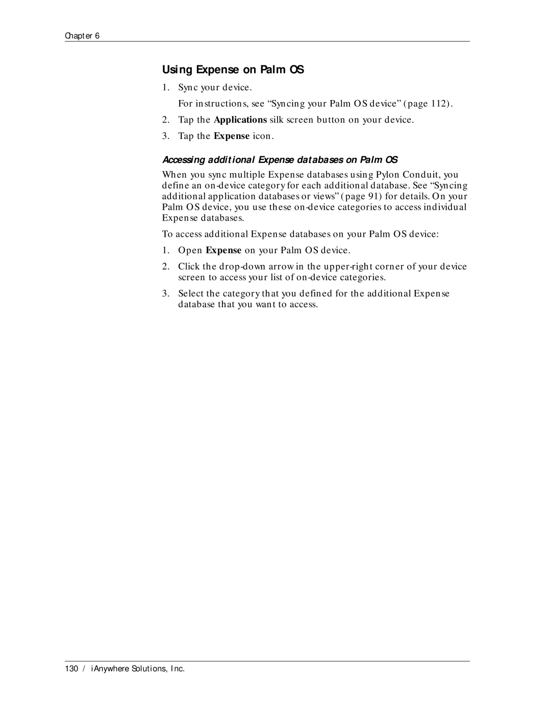 Sybase Desktop manual Using Expense on Palm OS, Accessing additional Expense databases on Palm OS 