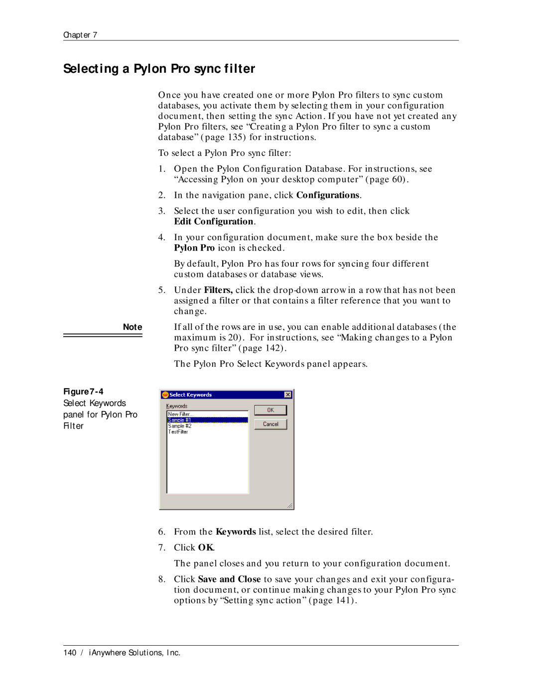 Sybase Desktop manual Selecting a Pylon Pro sync filter, Select Keywords, Filter 