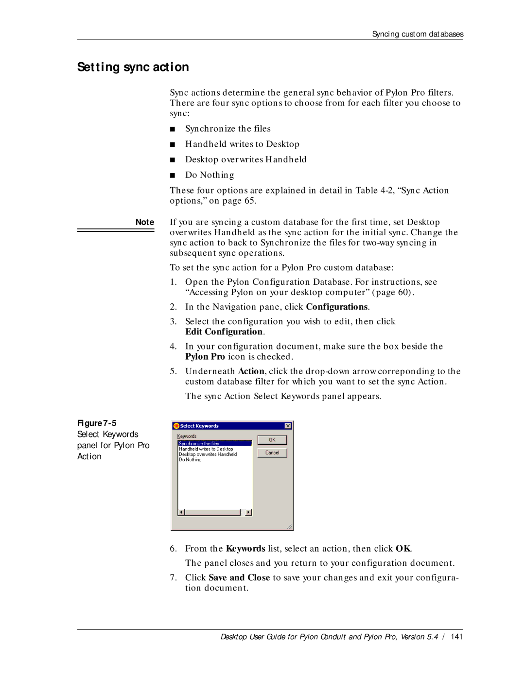 Sybase Desktop manual Setting sync action, 5Select Keywords panel for Pylon Pro Action 