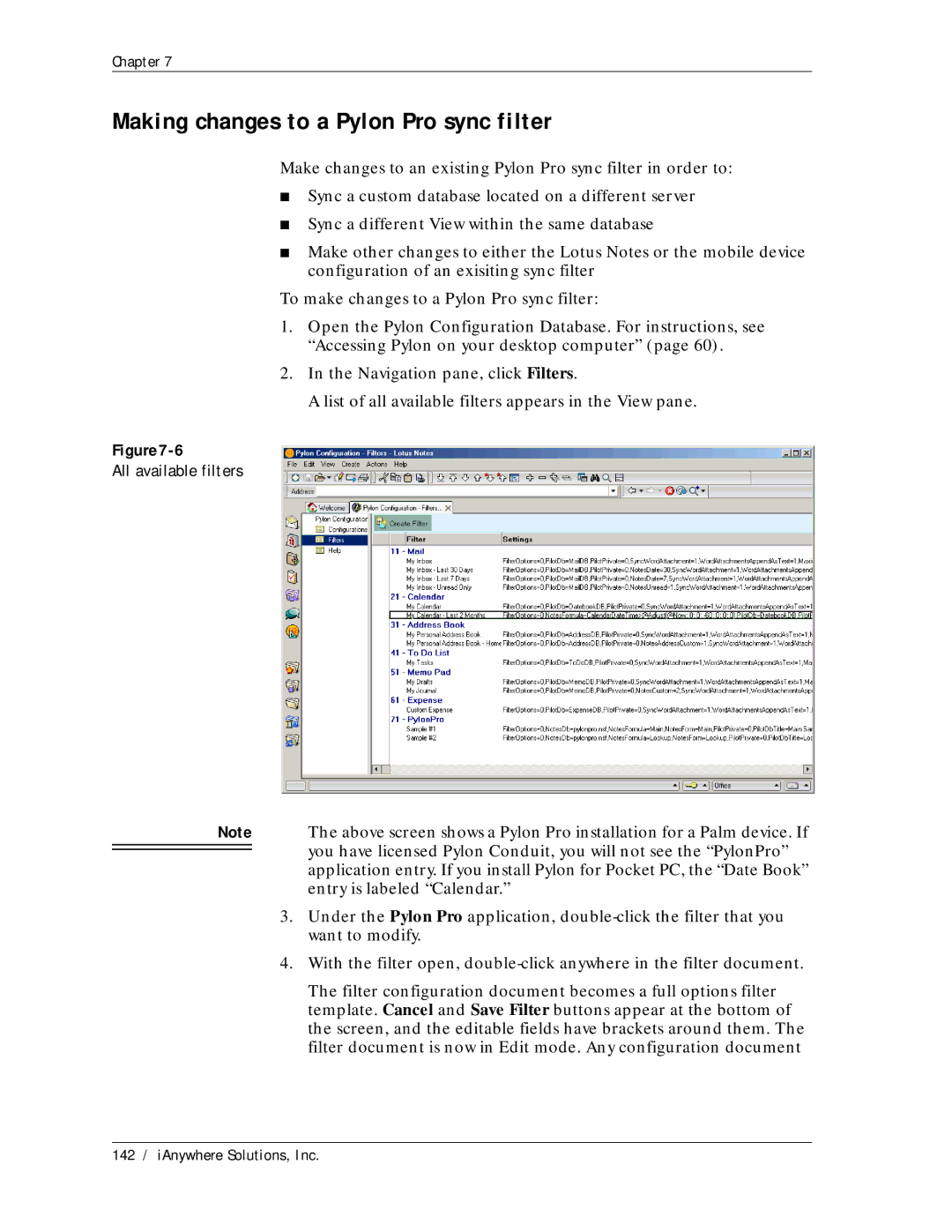 Sybase Desktop manual Making changes to a Pylon Pro sync filter, All available filters 