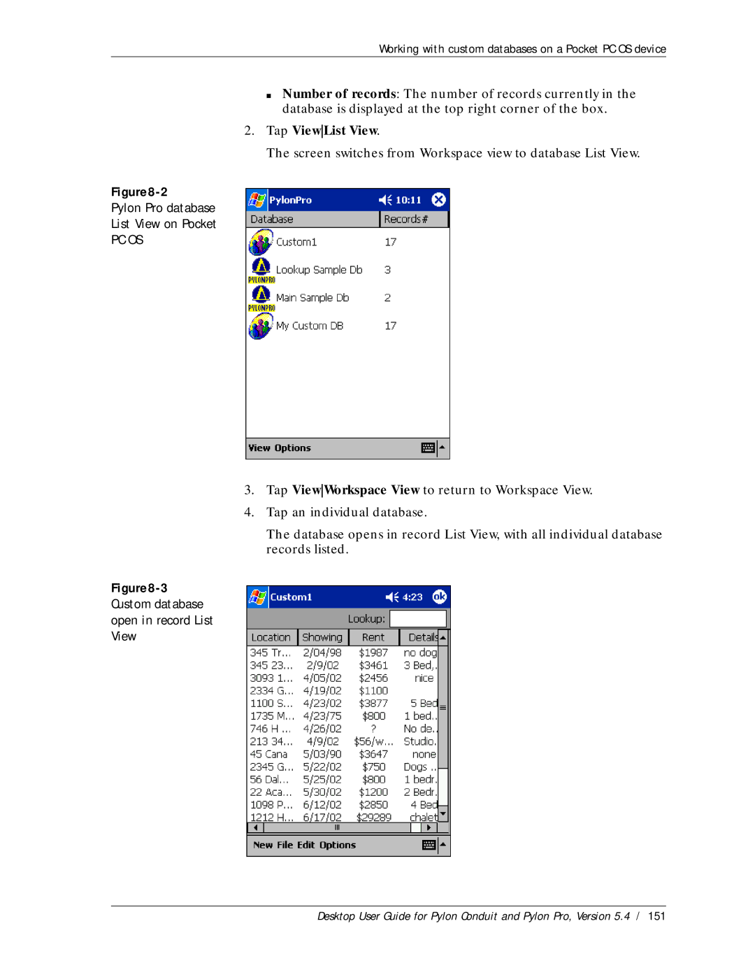 Sybase Desktop manual 2Pylon Pro database List View on Pocket, Tap ViewList View 