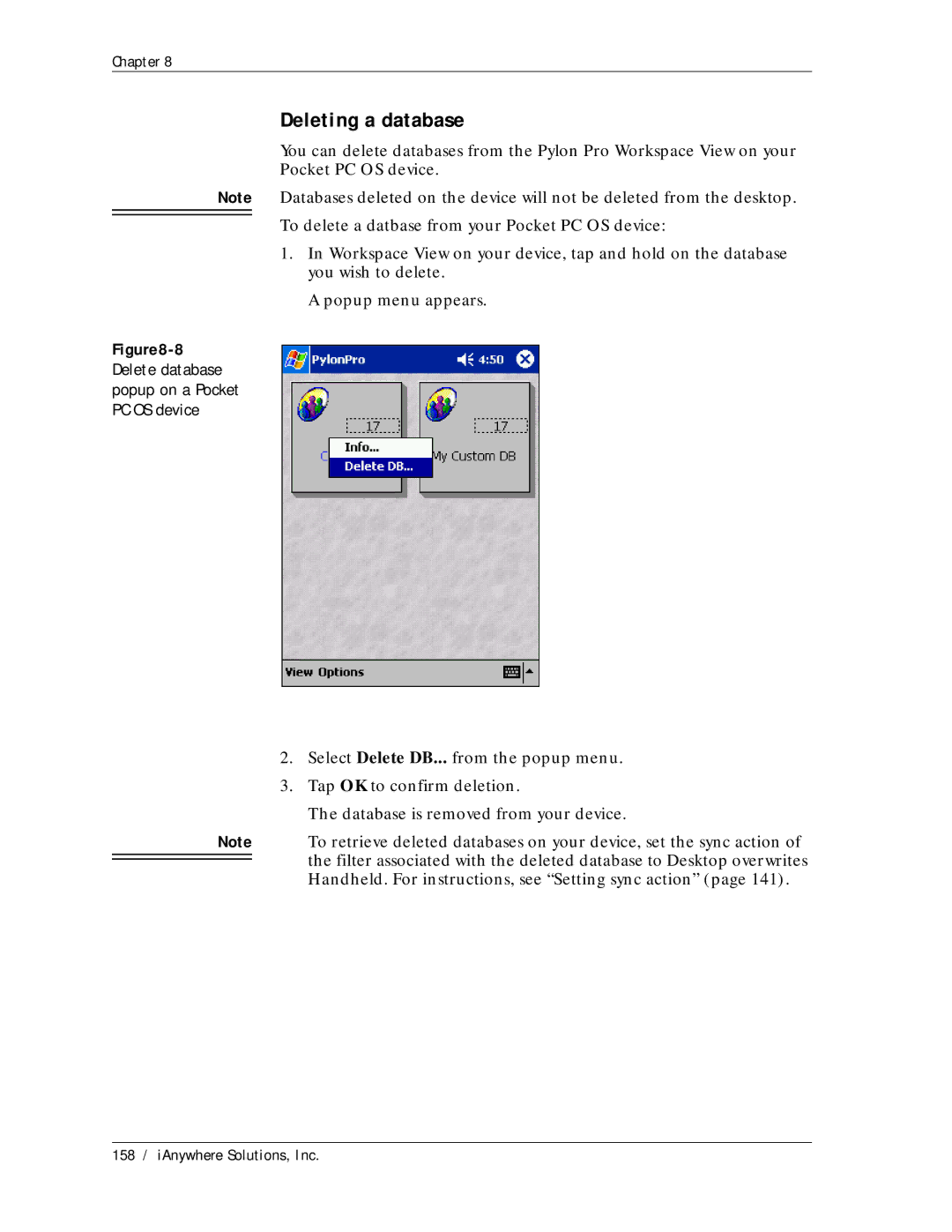 Sybase Desktop manual Deleting a database, 8Delete database popup on a Pocket PC OS device 