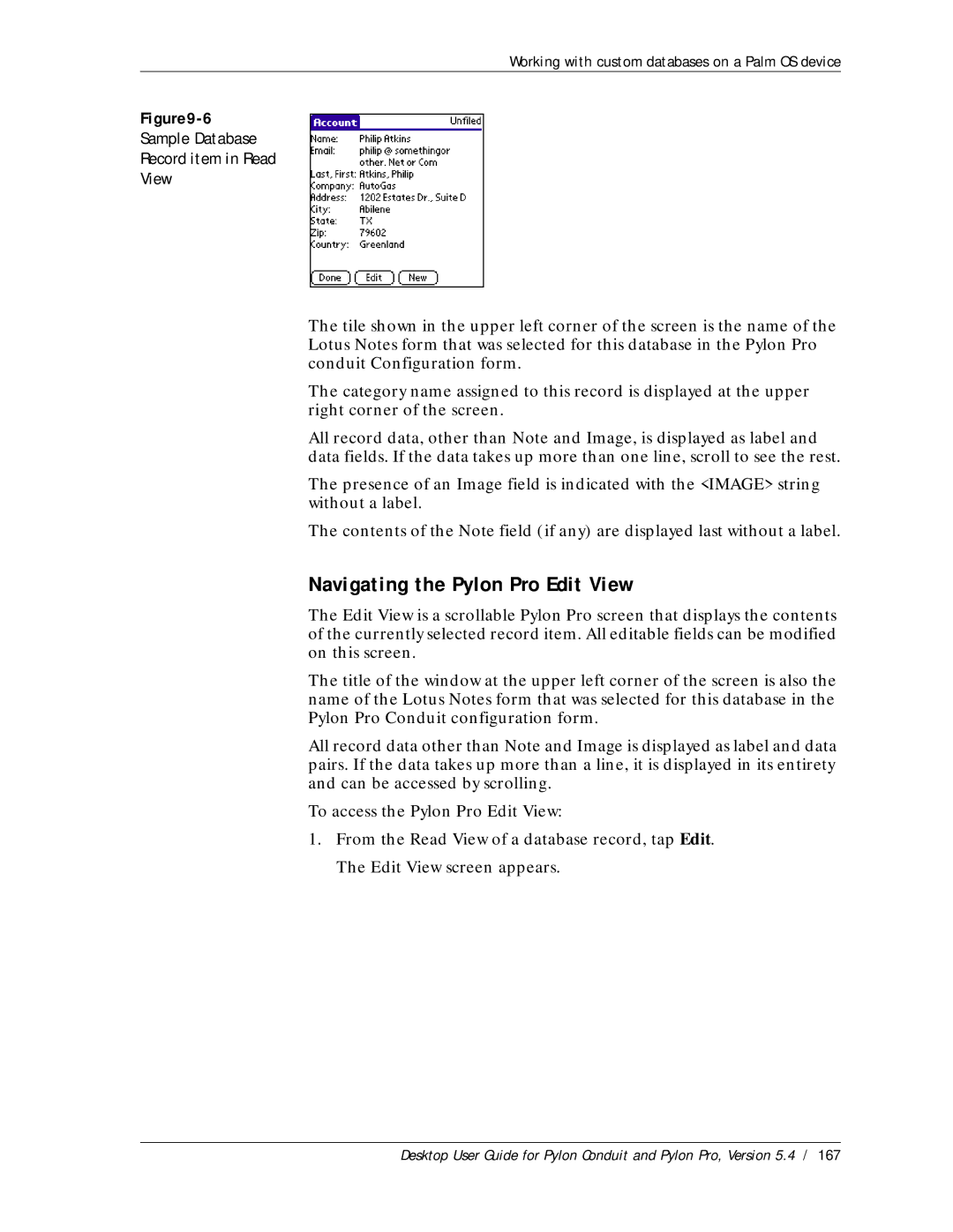 Sybase Desktop manual Navigating the Pylon Pro Edit View, Sample Database Record item in Read View 