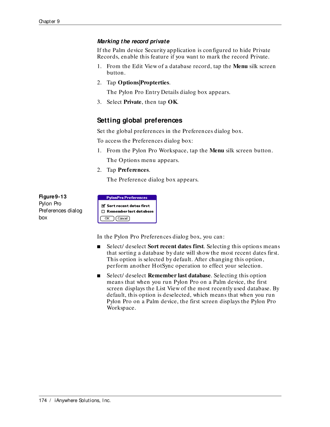 Sybase Desktop manual Setting global preferences, Marking the record private, Tap OptionsPropterties, Tap Preferences 