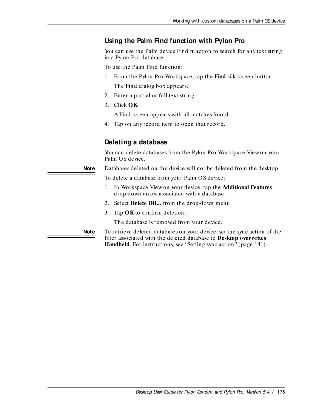 Sybase Desktop manual Using the Palm Find function with Pylon Pro, Deleting a database 