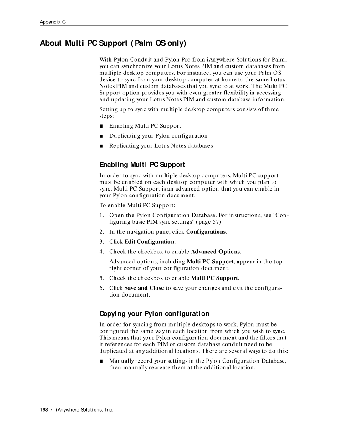 Sybase Desktop manual About Multi PC Support Palm OS only, Enabling Multi PC Support, Copying your Pylon configuration 