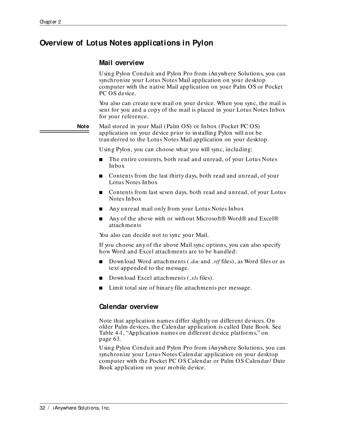 Sybase Desktop manual Overview of Lotus Notes applications in Pylon, Mail overview, Calendar overview 