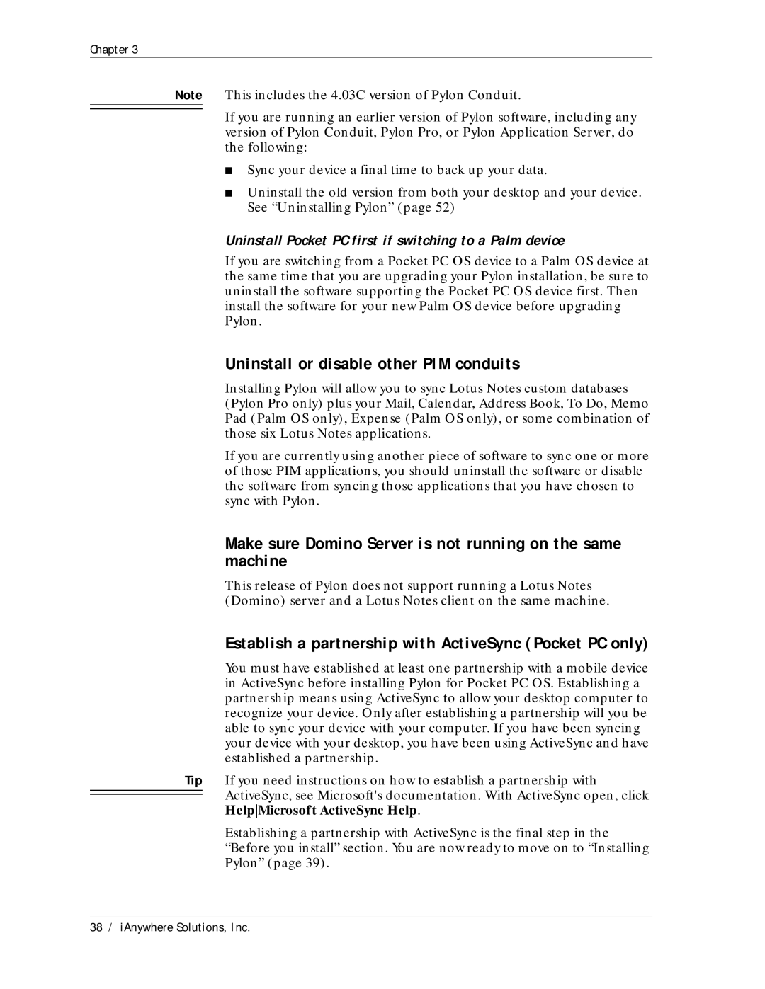 Sybase Desktop manual Uninstall or disable other PIM conduits, Make sure Domino Server is not running on the same machine 