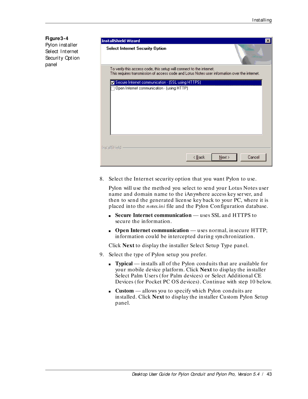 Sybase Desktop manual 4Pylon installer Select Internet Security Option panel 