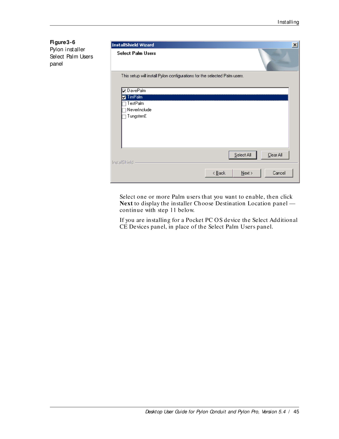 Sybase Desktop manual 6Pylon installer Select Palm Users panel 