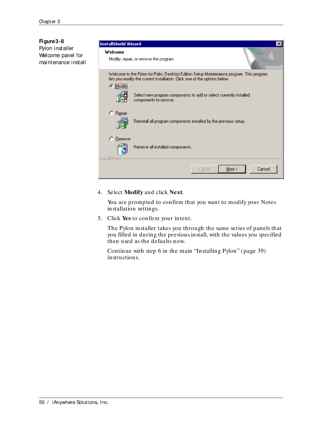 Sybase Desktop manual Pylon installer Welcome panel for maintenance install 