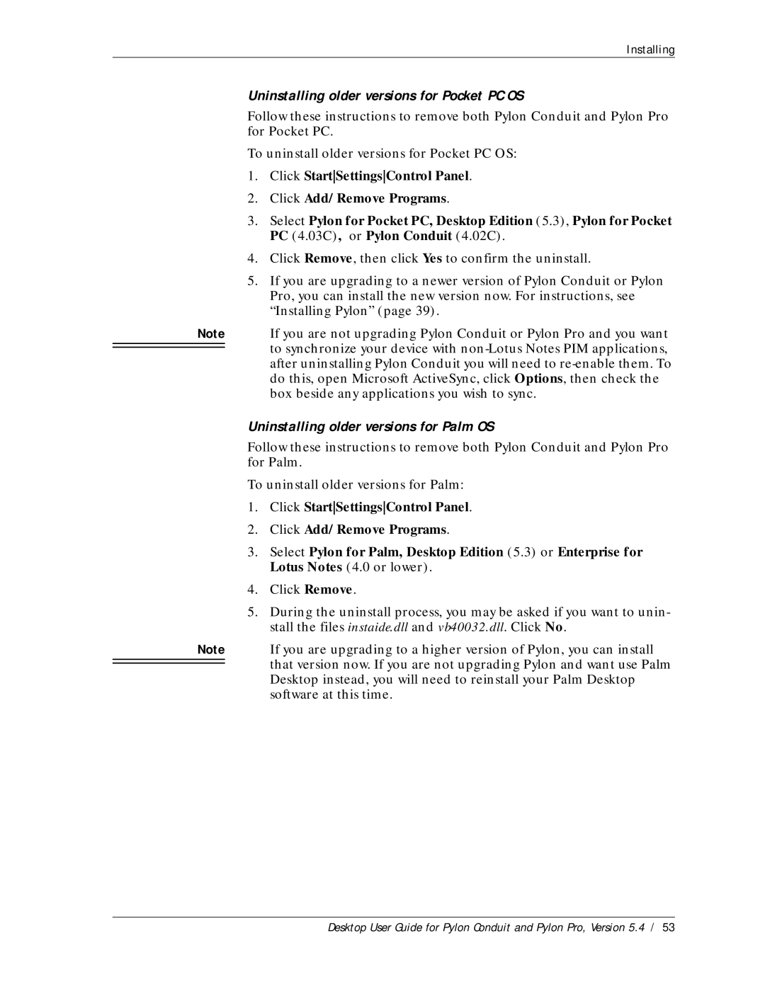 Sybase Desktop manual Uninstalling older versions for Pocket PC OS, Uninstalling older versions for Palm OS 