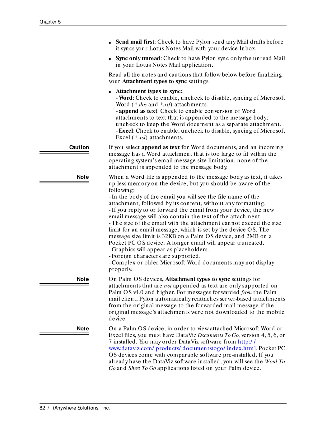 Sybase Desktop manual Attachment types to sync 