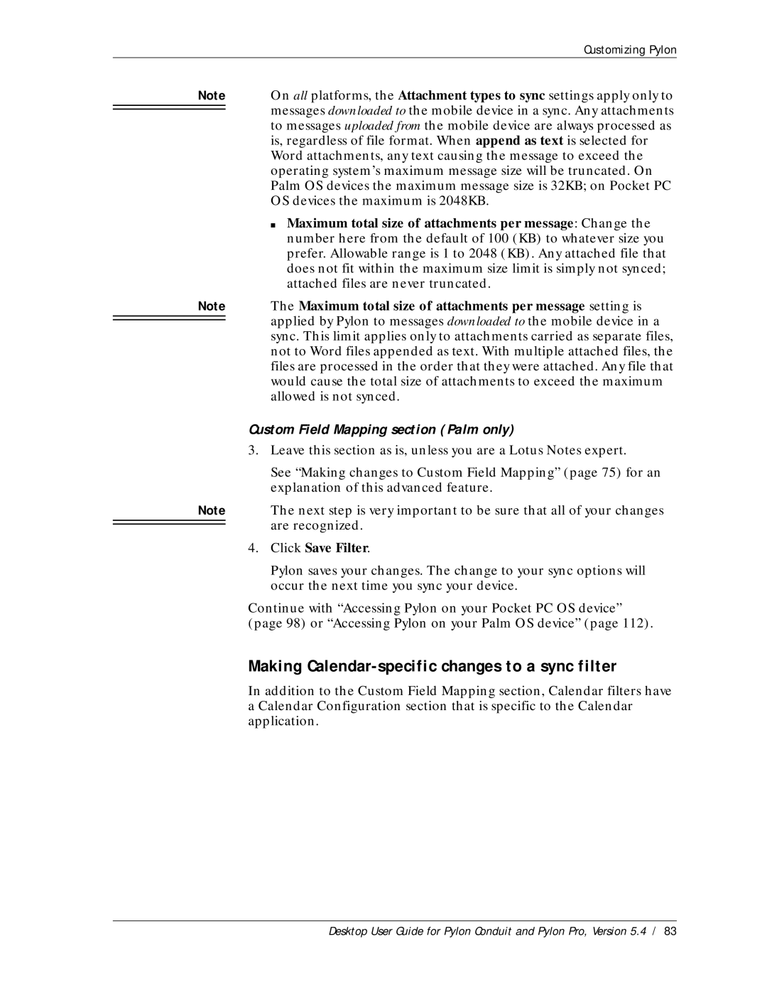 Sybase Desktop manual Making Calendar-specific changes to a sync filter, Custom Field Mapping section Palm only 