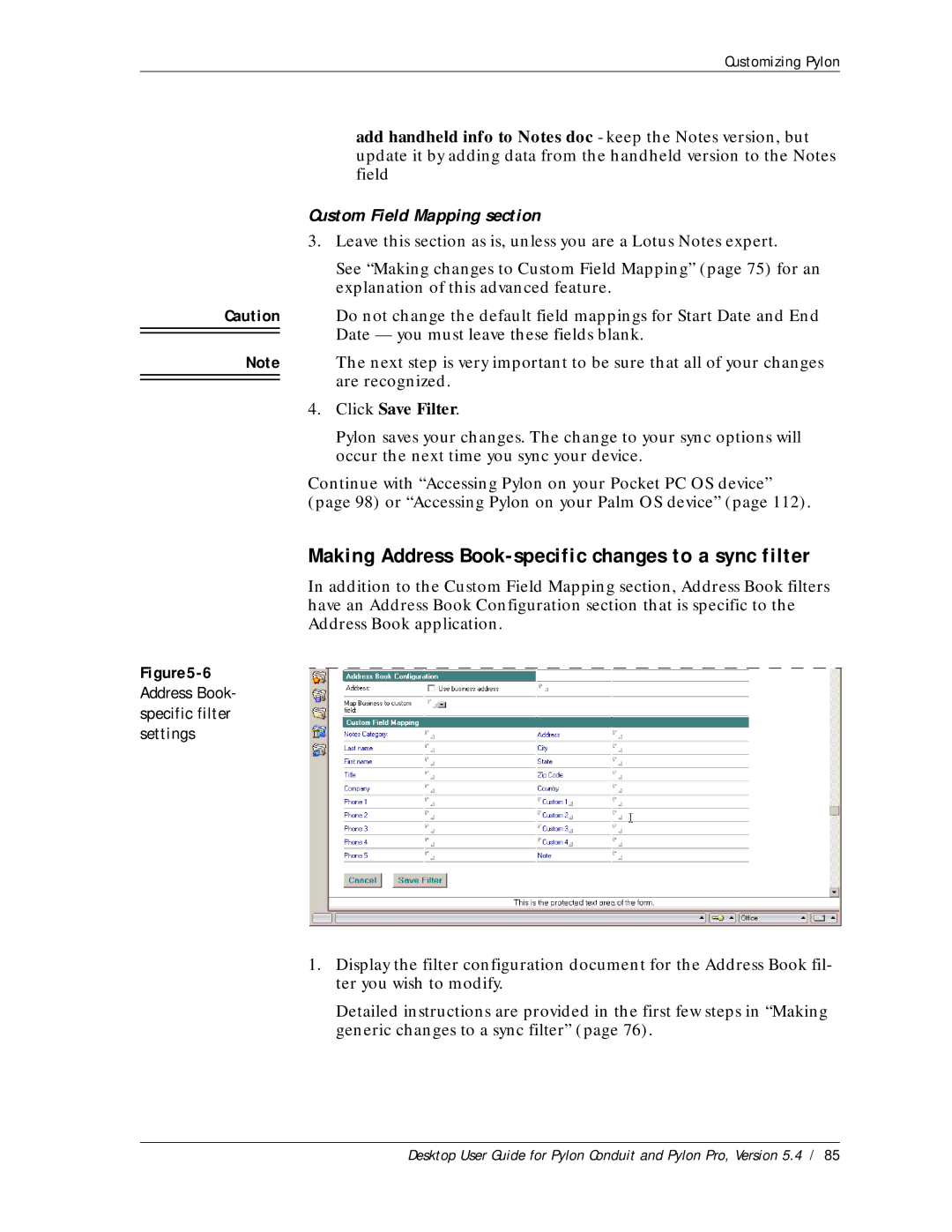 Sybase Desktop manual Making Address Book-specific changes to a sync filter, Custom Field Mapping section 