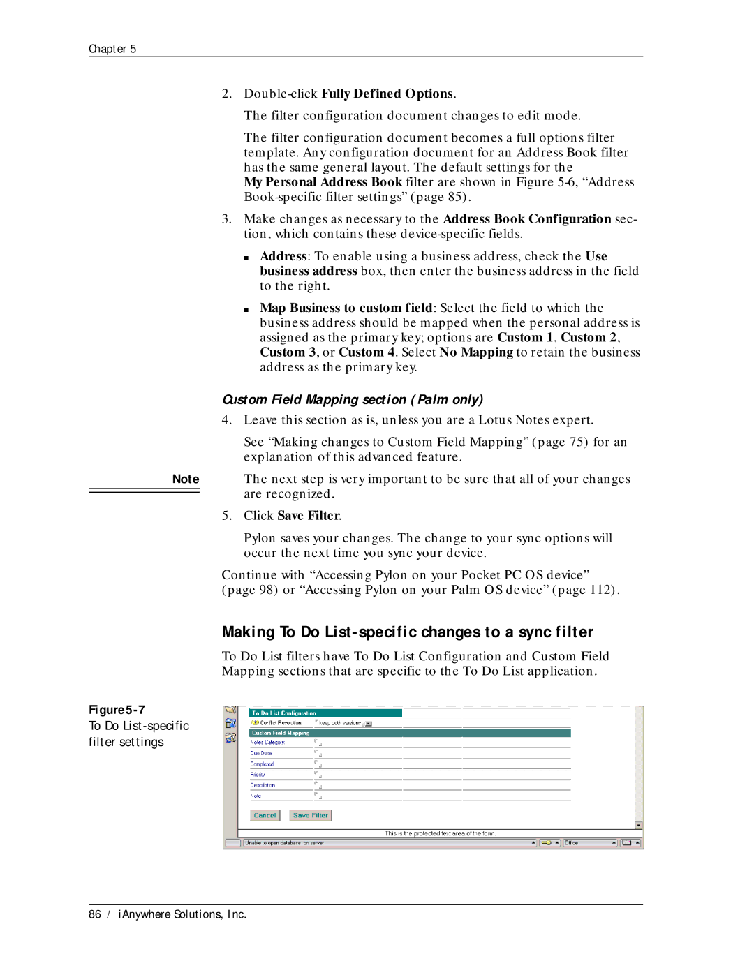 Sybase Desktop manual Making To Do List-specific changes to a sync filter, 7To Do List-specific filter settings 