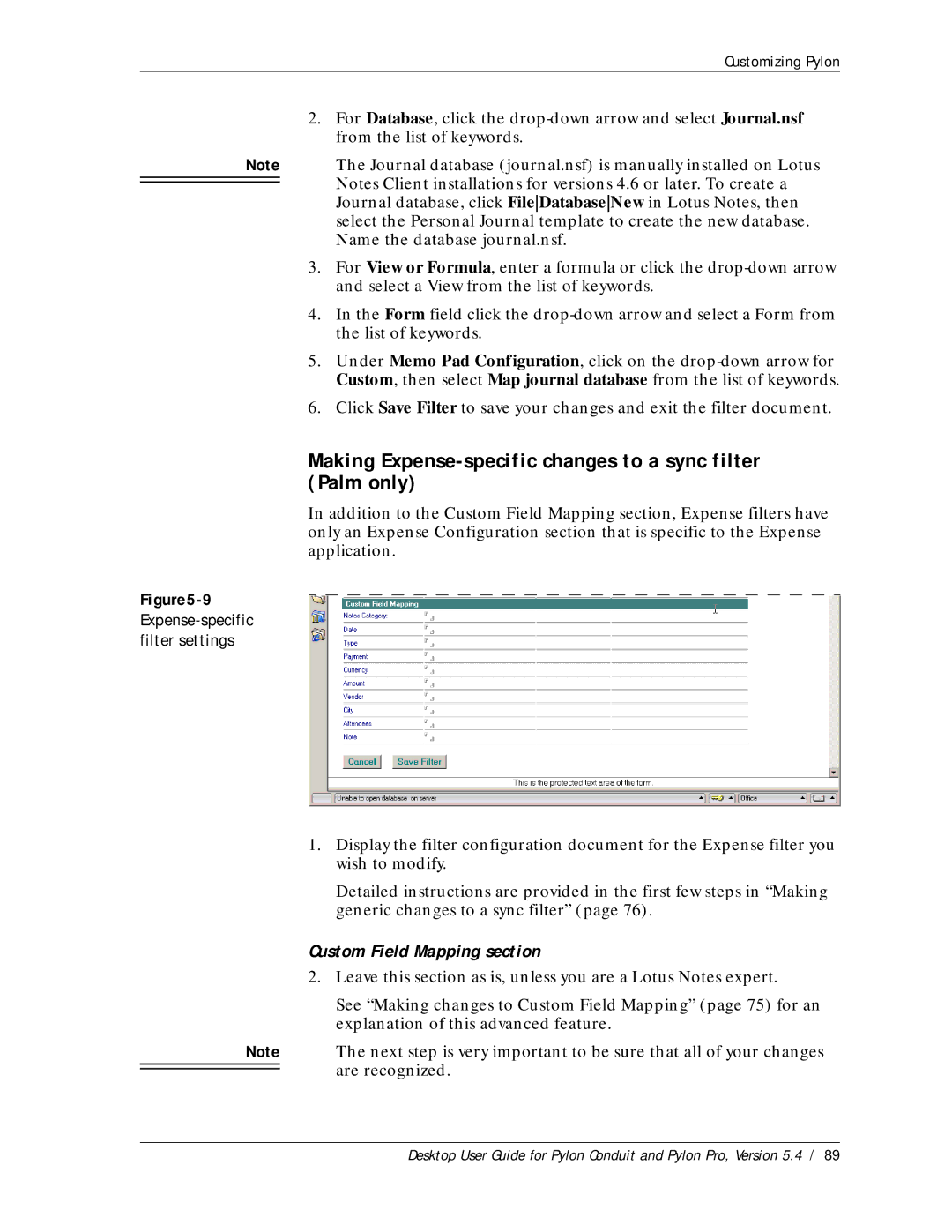 Sybase Desktop manual Making Expense-specific changes to a sync filter Palm only, 9Expense-specific filter settings 