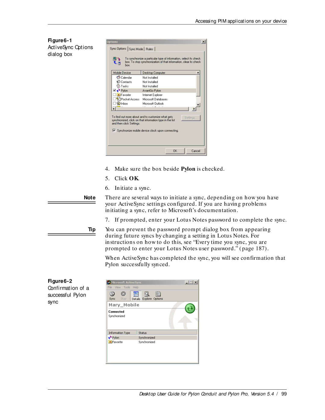 Sybase Desktop manual 1ActiveSync Options dialog box 