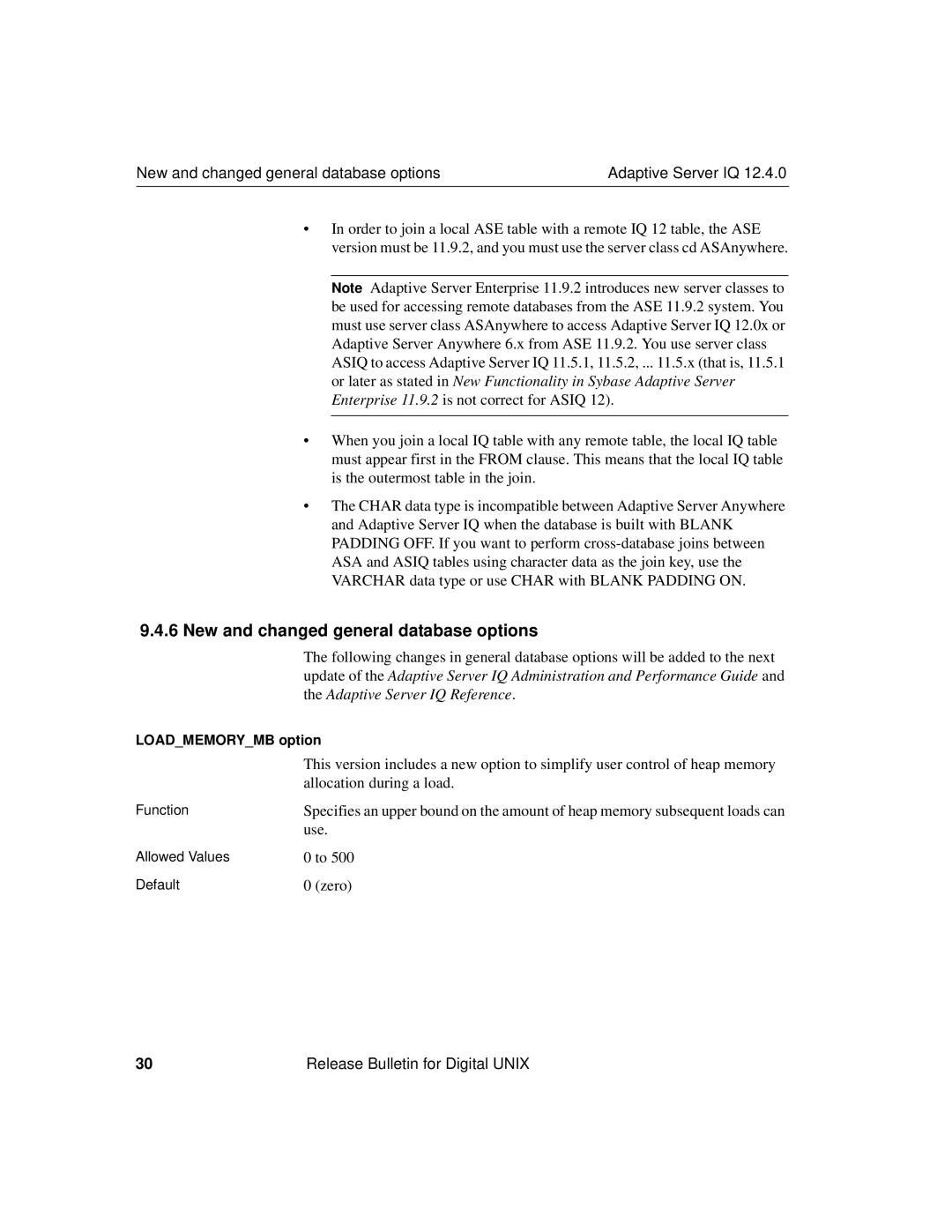 Sybase IQ 12.4.0 installation instructions New and changed general database options Adaptive Server IQ 