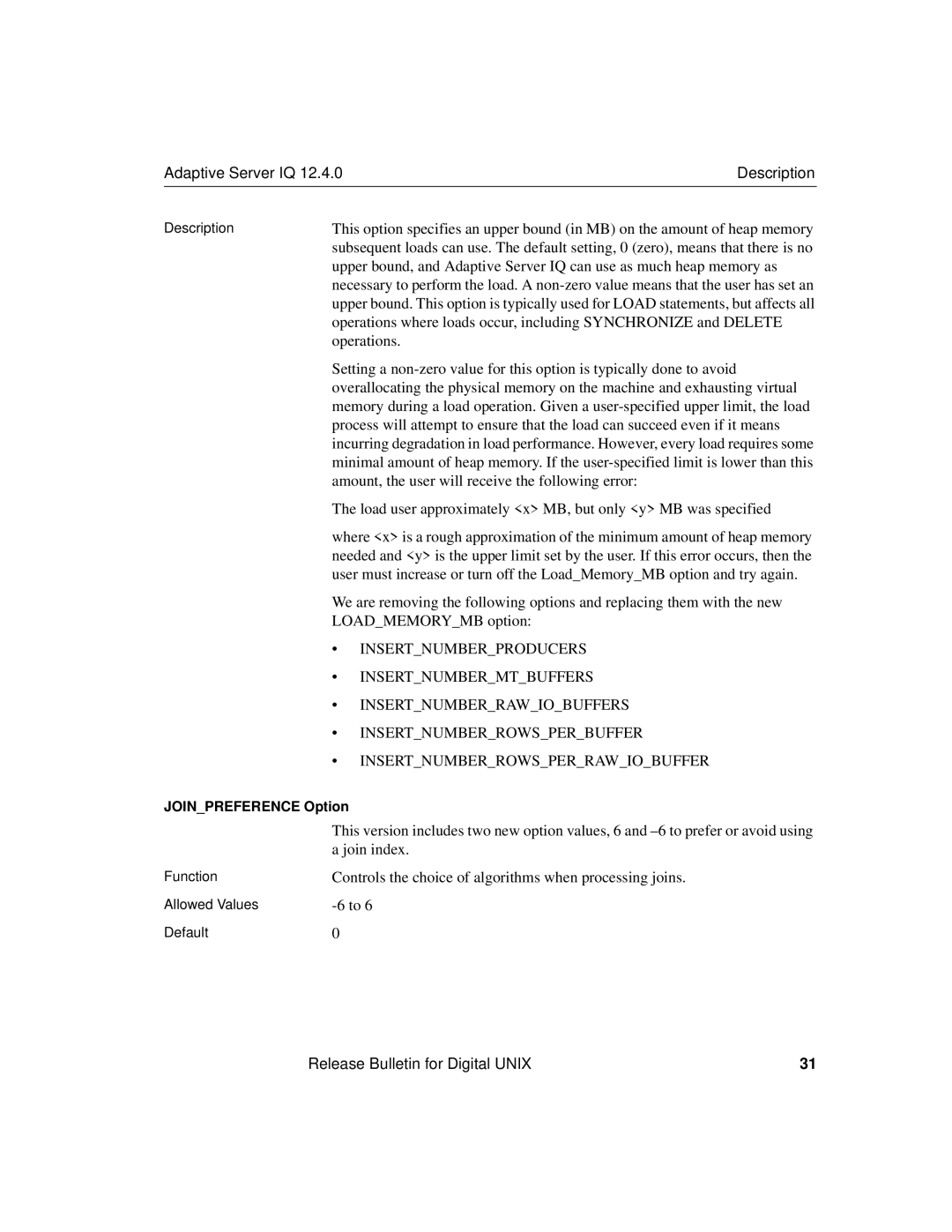 Sybase IQ 12.4.0 installation instructions Adaptive Server IQ Description, Insertnumberrowsperrawiobuffer 