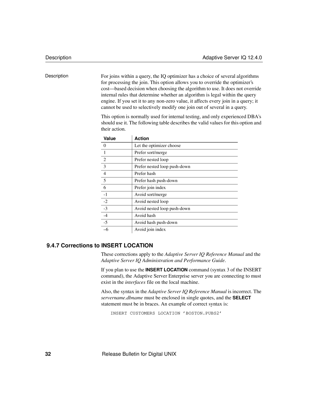 Sybase IQ 12.4.0 installation instructions Corrections to Insert Location, Description Adaptive Server IQ 